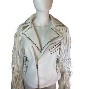 Azalea Wang The Karl Leather Hitched Fringe White Moto Jacket Size XL Bride NWT